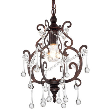 1-Light Antique Copper Mini Pendant Chandelier With Raindrop Crystals Glam