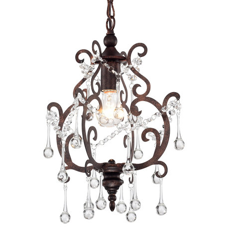 1-Light Antique Copper Mini Pendant Chandelier With Raindrop Crystals Glam