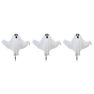 Set of 3 Lighted White Ghost Halloween Lawn Stakes