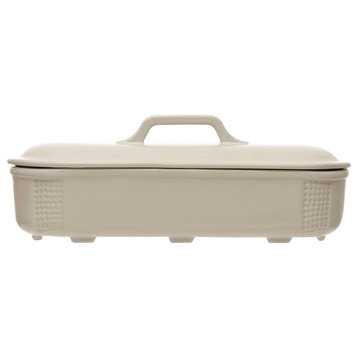 15.5 Inches Oval 2-Quart Debossed Stoneware Baking Dish With Lid, Matte White
