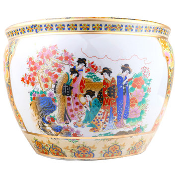 Chinese Porcelain Fish Bowl Planter, Satsuma Geishas, 12"