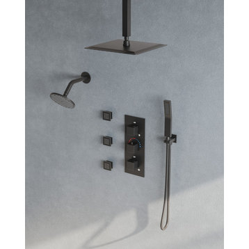 Dual Heads 12" Rain Shower System 3 Way Thermostatic Faucet with 3 Body Jets, Matte Black