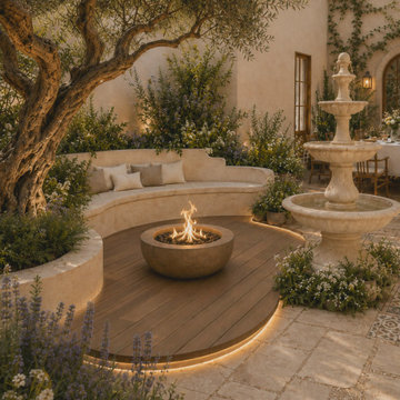 Mediterranean Courtyard Concept — Curved Fire Lounge and Olive Tree