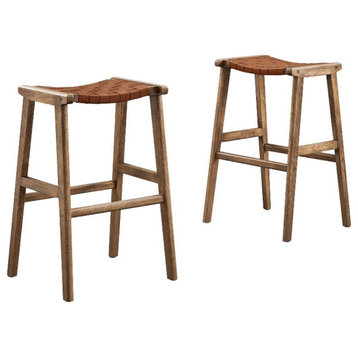 Modway Saoirse 29.5" Woven Leather & Wood Bar Stool in Brown/Walnut (Set of 2)