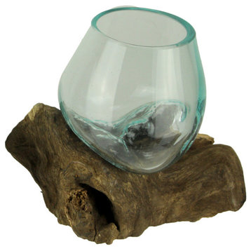 Molten Glass On Teak Driftwood Decorative Bowl Vase Terrarium Planter
