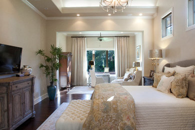 Bedroom - large mediterranean master dark wood floor and brown floor bedroom idea in Austin with beige walls and no fireplace