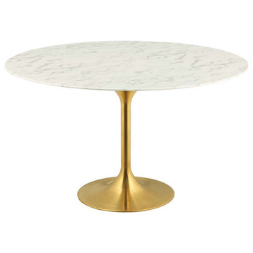 Modway Lippa 54" Round Artificial Marble Dining Table, Gold/WH -EEI-3233-GLD-WHI