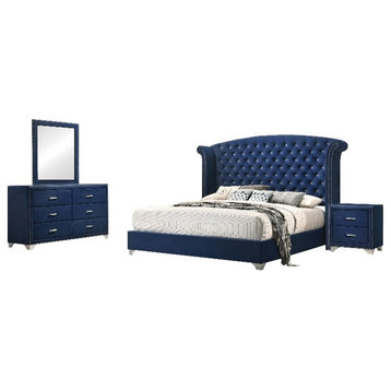 Coaster 4-Piece Contemporary Velvet California King Bedroom Set in Blue
