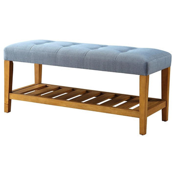 40" Blue And Brown Upholstered Polyester Bench With Shelves