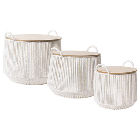 Boho White and Natural Paper Rope Woven Storage Baskets with Wooden Lids 3 Set