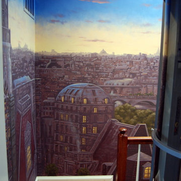 Paris Panorama 360 degree Mural hand painted throughout a 17 foot stairway