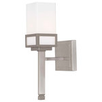 Livex Lighting - Livex Lighting Harding Brushed Nickel Light Wall Sconce - The transitional style of the Harding one light wall sconce features an eye-catching satin opal white glass shade floating inside a unique double forged square design in a brushed nickel finish.