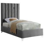 Meridian Furniture - Enzo Velvet Bed, Gray, Twin - Create a bold yet welcoming sanctuary in your bedroom with this Enzo Grey Velvet Twin Bed. The chrome channel design features velvet fabric upholstery for a sleek, glamorous look. The chrome legs provide support for the plank-style base, ensuring durability and long-lived beauty. Full slats are included, making setup easy and quick. No box spring is required with this bed, so you can use it with your choice of mattress.