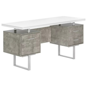 Modern Desk, Floating Top With 2 Drawers & Storage Cabinet, White/Gray Concrete
