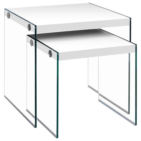 Nesting Table Side End Accent Bedroom Tempered Glass Glossy White
