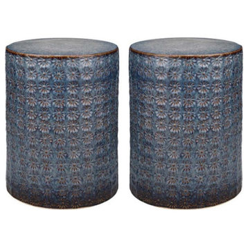 Home Square Wildflower Coastal Ceramic Side Table in Dark Blue - Set of 2