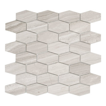 Cooper Long Hexagon Mosaic Wall and Floor Tile, Wooden White Marble, Set of 10