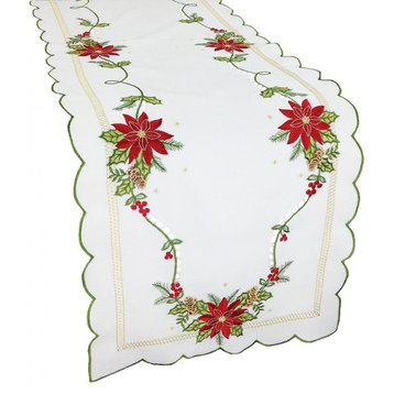 Scrolling Poinsettia Embroidered Cutwork Table Runner, 15x72