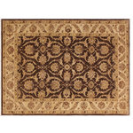 Bareens Designer Rugs - Bohemien Ziegler Hortensi Brown Tan Hand-Knotted Wool Rug - 6'2'' x 9'4'' - Enhance the ambiance of your home with this magnificent Persian-influenced Turkish hand-knotted rug made by skilled artisans capable of creating the most exceptional vegetable dyes and hand-spun wool. This exquisite handmade rug is a one-of-a-kind Peshawar Kafkaz, otherwise identified as Chobi, Chobi Peshawar, Oushak, or Ziegler rug. These handmade rugs are crafted in Pakistan utilizing superior-quality wool imported from Australia, New Zealand, and Korea in two types of weaves: the Persian weave and the Mori weave. This rug is meticulously crafted by hand using the finest natural vegetable dyes extracted from local plants. The artisans use a blend of hand-spun local and fine merino wool, resulting in a rug with a compelling texture, higher lanolin content, and longer staple. The artisans occasionally incorporate natural or artificial silk into the pile to enhance specific motifs. The finished product is an awe-inspiring execution of flawless design and an understated palette that exudes elegance.