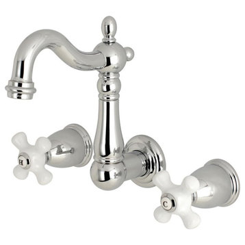 Traditional Wall Mounted Bathroom Faucet, Cross White Handles, Polished Chrome