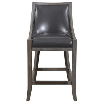Elegant Gray Brown Faux Leather Bar Stool Counter Back Cushion Exposed Wood