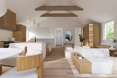 Living room - mid-sized modern open concept light wood floor, vaulted ceiling and wall paneling living room idea in DC Metro with white walls and a media wall