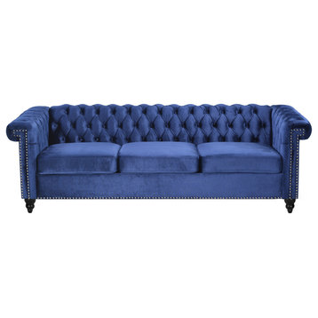 Spencer Tufted Chesterfield Velvet 3 Seater Sofa, Midnight Blue/Dark Brown