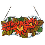 CHLOE Lighting - CHLOE-Lighting DAHLIA Floral Tiffany-glass Window Panel 17" Wide - DAHLIA, a Floral style stained glass window panel features 3 blood-orange sunflowers and dark green leaves. This piece is handcrafted from over 100 pieces of hand cut, stained art glass. Handcrafted using the same techniques that were developed by Louis Comfort Tiffany in the early 1900s, this beautiful Tiffany-style piece contains hand-cut pieces of stained glass, each wrapped in fine copper foil.