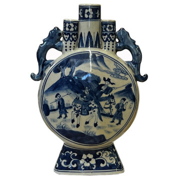 Chinese Blue White Porcelain Moon Round Flat People Theme Vase Hws3004