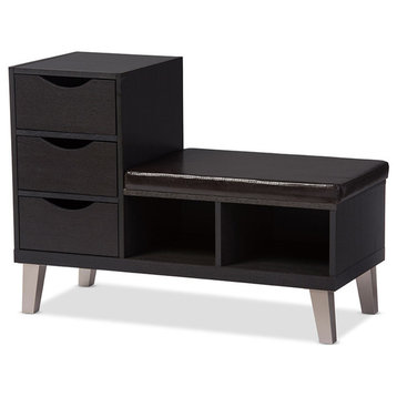 Arielle Wood 3-drawer Shoe Storage Padded Leatherette Seating Bench, Dark Brown