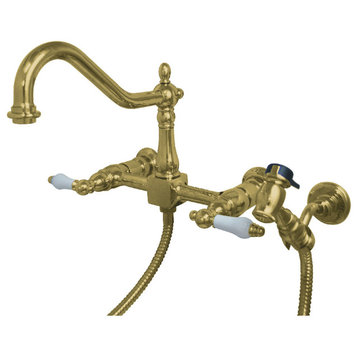 Kingston Brass Wall Mount Bridge Kitchen Faucet w/Brass Sprayer, Polished Brass