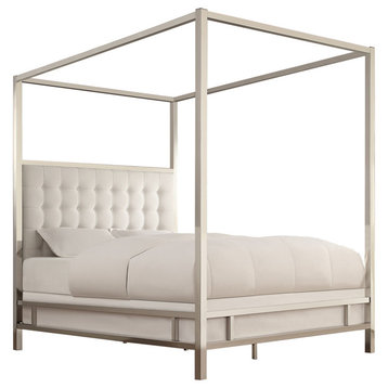 Safira Modern Metal Canopy Bed in Chrome, Off-White, King