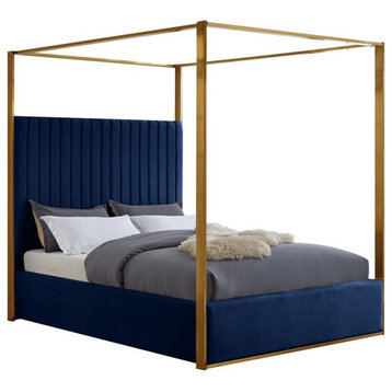 Maklaine Contemporary designed Navy Finished Velvet King Bed