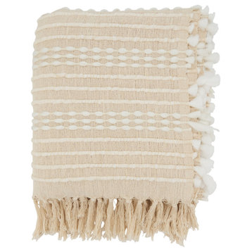 Boho Chic Textured Stripe Fringe Throw Blanket, Natural, 50"x60"
