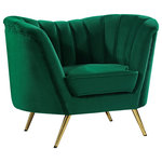 Meridian Furniture - Margo Velvet Upholstered Set, Green, Chair - Lean back and lounge in luxurious style on this stunning Margo green velvet chair by Meridian Furniture. This contemporary loveseat features plush velvet upholstery that is both classy and sumptuous against your skin, and rounded arms that curve into a low, rounded back, creating a perfect, modern piece for your home. Gold stainless steel legs support this chair and provide stunning contrast to the chair's plush, green fabric.