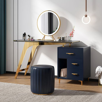 Nordic Blue Makeup Vanity Retractable Dressing Table Set Stool & Mirror Included