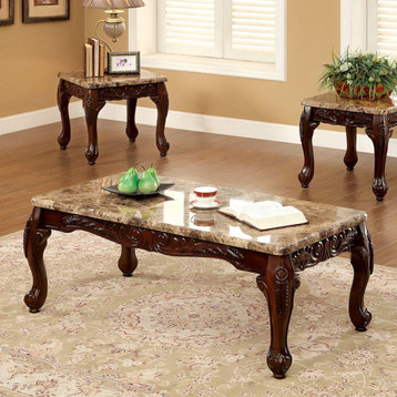 3 Piece Table Set With Faux Marble Table Top, Dark Oak and Ivory