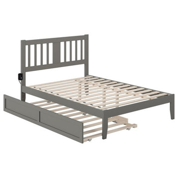 Pemberly Row Solid Wood Full Bed and Twin Trundle with USB Charger in Gray
