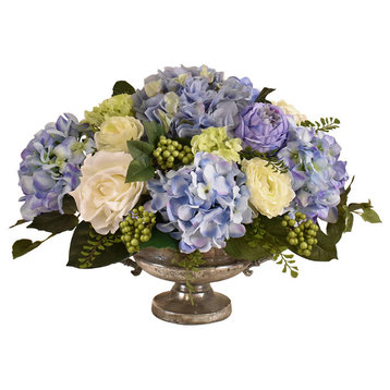 Blue Hydrangea Silk Flower Arrangement in Silver Bowl