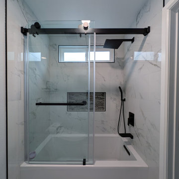 Modern Bright Monochromatic Tub & Shower Remodel with Calacatta Porcelain Tile