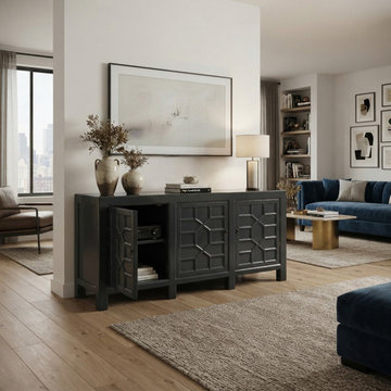 Distressed Gray Lacquer Cross Lattice Pattern Doors Sideboard Console Cabinet ws