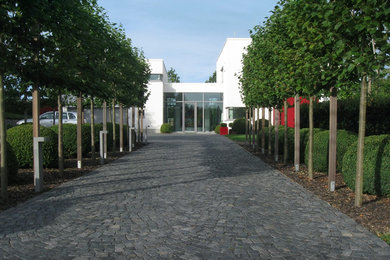 This is an example of a large contemporary two-storey white house exterior in Cologne with mixed siding and a flat roof.