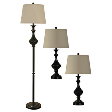 Set of Three Madison Bronze Finish Metal Lamps With Beige Linen Drum Shades