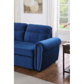 Maklaine Velvet Fabric Reversible Sleeper Sectional Sofa Chaise in Blue