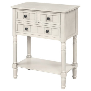 Narrow Console Table with Three Storage Drawers, Ivory