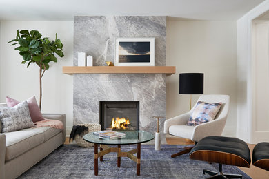This is an example of a contemporary enclosed living room in Toronto with beige walls, light hardwood floors, a standard fireplace and a stone fireplace surround.