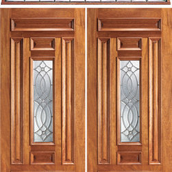 Prehung Mahogany Center Lite Front Double Door Elliptical Transom - Front Doors