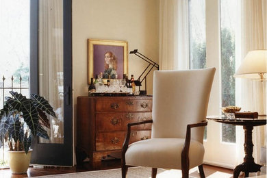 Large transitional formal and enclosed dark wood floor and brown floor living room photo in Detroit with beige walls and no tv