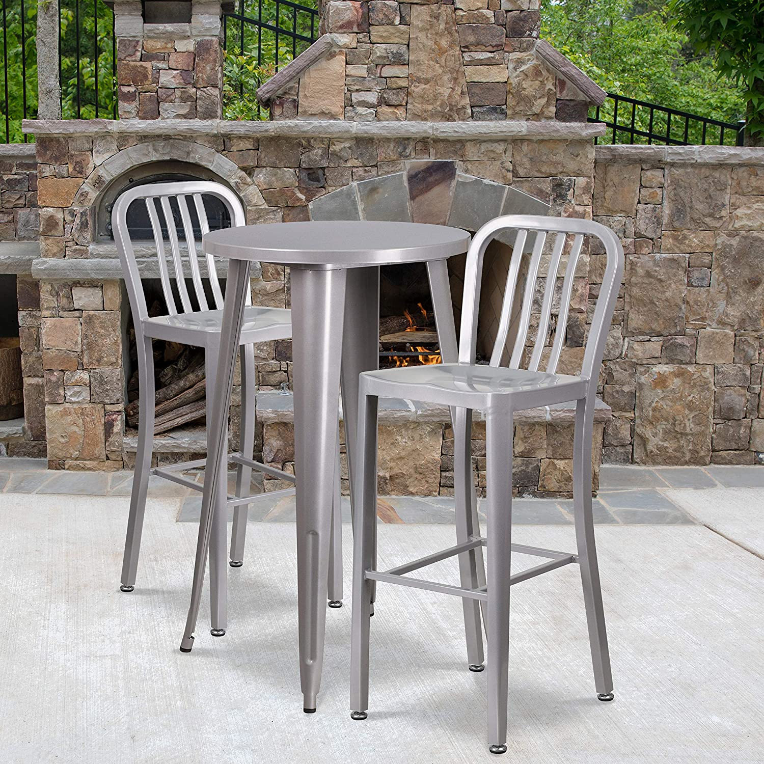 Bar Height 3-Piece Patio Bistro Set with Round Table and Slatted Back ...