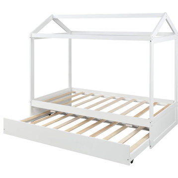 Unique Bed Frame, House Shaped Design With Trundle, Twin Size, White Finish